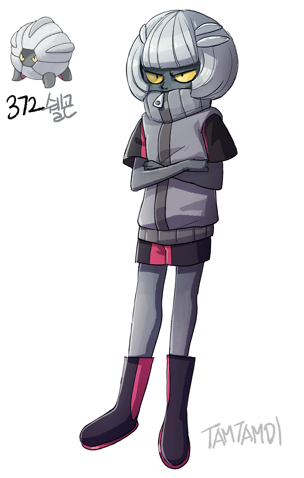 1girl annoyed black_footwear black_shorts bob_cut colored_skin commentary crossed_arms full_body gen_3_pokemon grey_hair grey_jacket grey_skin highres jacket looking_at_viewer nintendo personification pokemon pokemon_(creature) reference_inset shelgon short_hair shorts signature simple_background sleeveless sleeveless_jacket standing tamtamdi translated white_background yellow_eyes