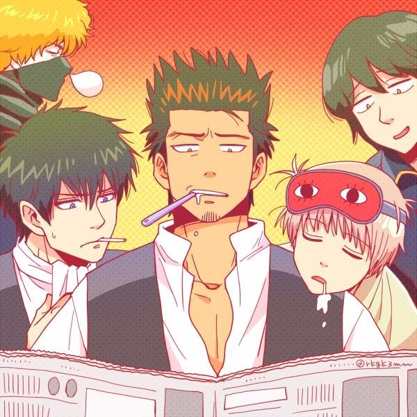 3mm 5boys afro ascot bad_id bad_pixiv_id brown_eyes brown_hair cigarette drooling facial_hair gintama goatee gradient_background hijikata_toushirou kondou_isao looking_down male_focus messy_hair multiple_boys newspaper nose_bubble okita_sougo orange_hair patterned_background purple_eyes saliva shimaru_saitou shinsengumi_(gintama) sleep_mask sleeping spiked_hair toothbrush toothbrush_in_mouth twitter_username upper_body yamazaki_sagaru