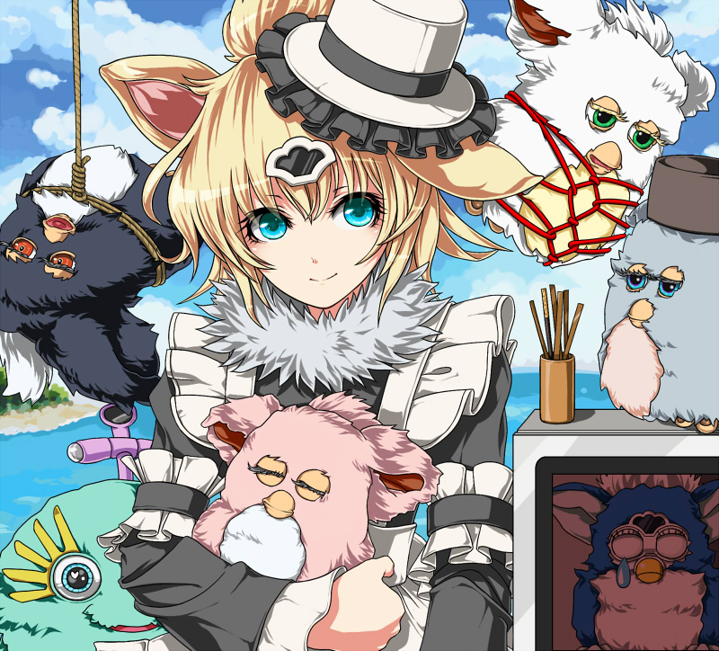 1girl aqua_eyes bdsm blonde_hair bondage bound female_focus fuji_hyorone furby hat original personification rope shibari smile solo top_hat