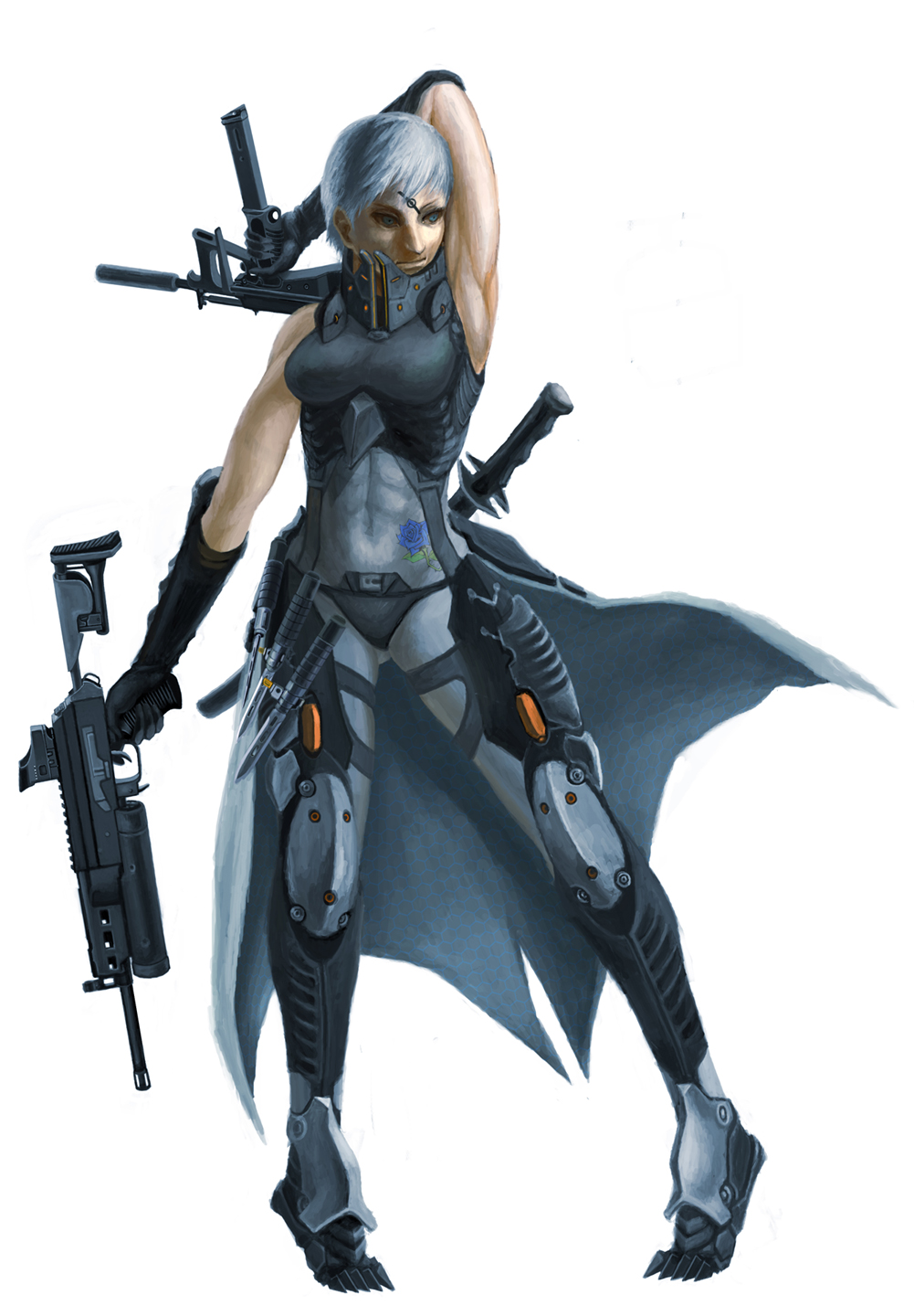 1girl abs armpits asymmetrical_dual_wielding ballistic_knife bodysuit covered_navel dual_wielding elbow_gloves extended_barrel extended_magazine female_focus gloves gun handgun helical_magazine high-capacity_magazine high-frequency_blade highres holding horizontal_magazine knife machine_pistol manderson metal_gear_(series) metal_gear_solid metal_gear_solid_2:_sons_of_liberty olga_gurlukovich personal_defense_weapon pistol pp-19_bizon pp-2000 sheath sheathed short_hair showgirl_skirt solo spoilers spring-powered_ballistic_knife submachine_gun suppressor sword weapon white_hair