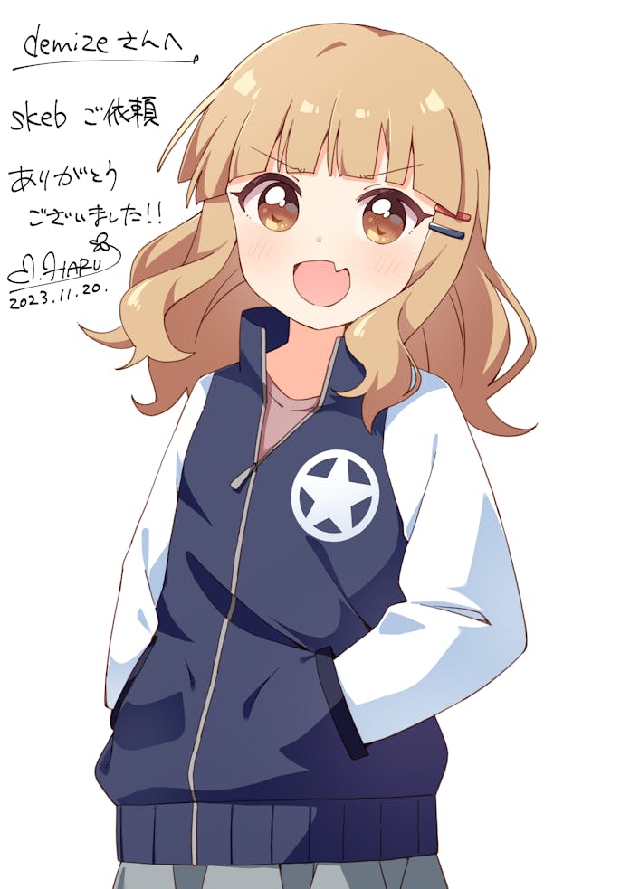 1girl :d blue_jacket blunt_bangs blush brown_eyes brown_hair commentary commission dated dot_nose english_commentary fang grey_skirt hair_ornament hairclip hand_in_pocket haru_(konomi_150) jacket long_sleeves looking_at_viewer medium_hair oomuro_sakurako open_mouth parallel_hairclips pleated_skirt signature simple_background skeb_commission skin_fang skirt smile solo upper_body v-shaped_eyebrows white_background yuruyuri zipper