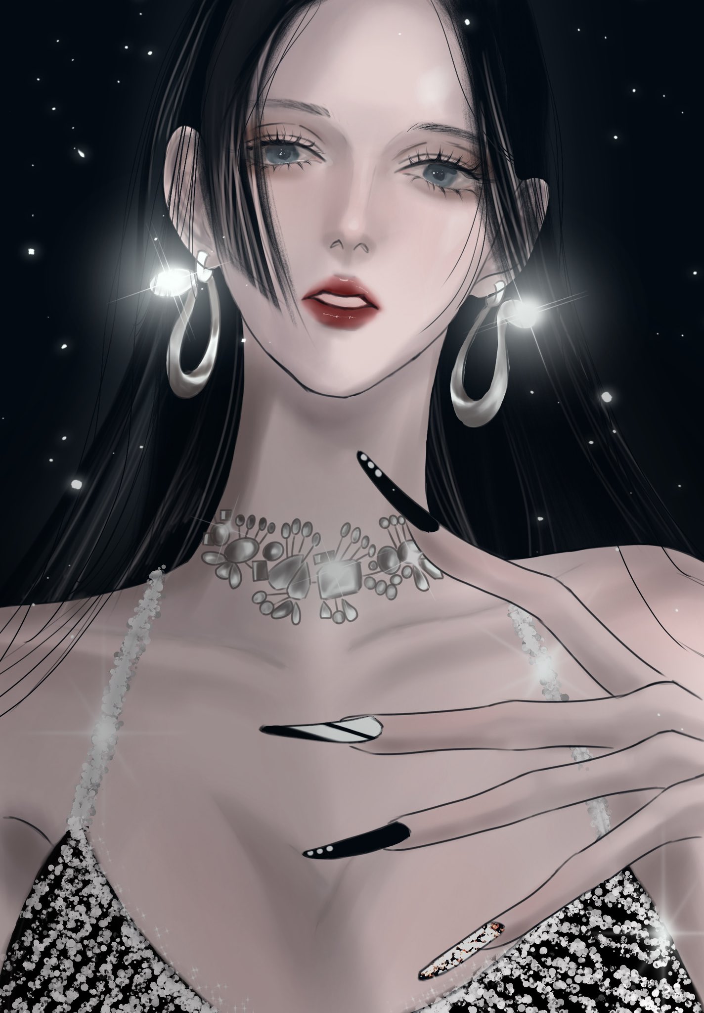 1girl black_hair blue_eyes boa_hancock breasts choker cleavage close-up commentary dress earrings eyeshadow fake_nails highres jewelry long_hair looking_at_viewer makeup mascara one_piece parted_lips red_lips rihirihi613 snake_earrings solo upper_body