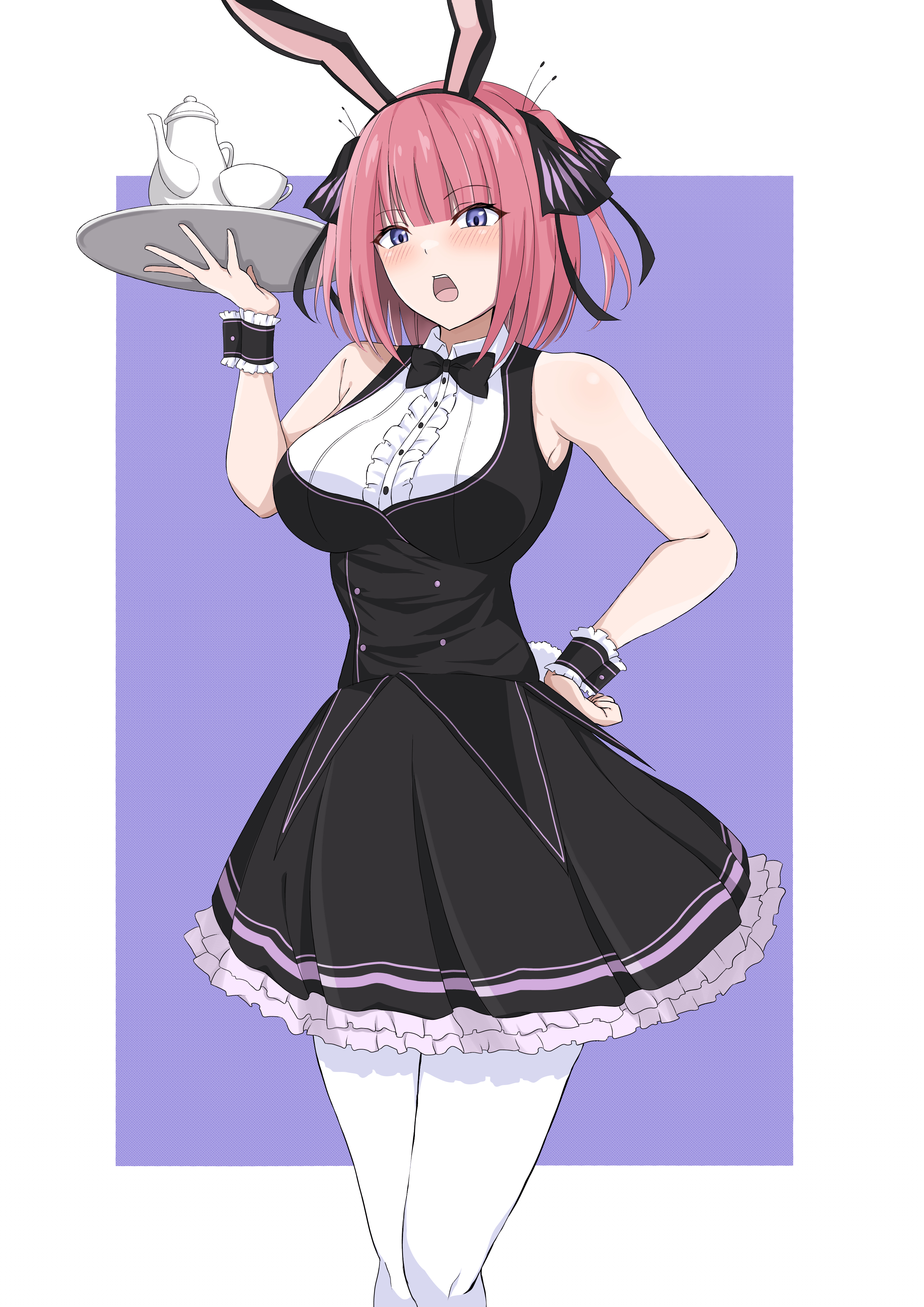 1girl absurdres animal_ears armpits bare_shoulders black_bow black_bowtie black_dress black_wrist_cuffs blue_eyes border bow bowtie breasts butterfly_hair_ornament collared_dress cup dress fake_animal_ears frilled_dress frills go-toubun_no_hanayome hair_ornament hand_on_own_hip hand_up highres holding holding_tray konro_yoyogei large_breasts looking_at_viewer nakano_nino open_mouth outside_border pantyhose pink_hair purple_background rabbit_ears simple_background solo strapless strapless_dress teacup teapot teeth traditional_bowtie tray upper_teeth_only white_border white_pantyhose wrist_cuffs