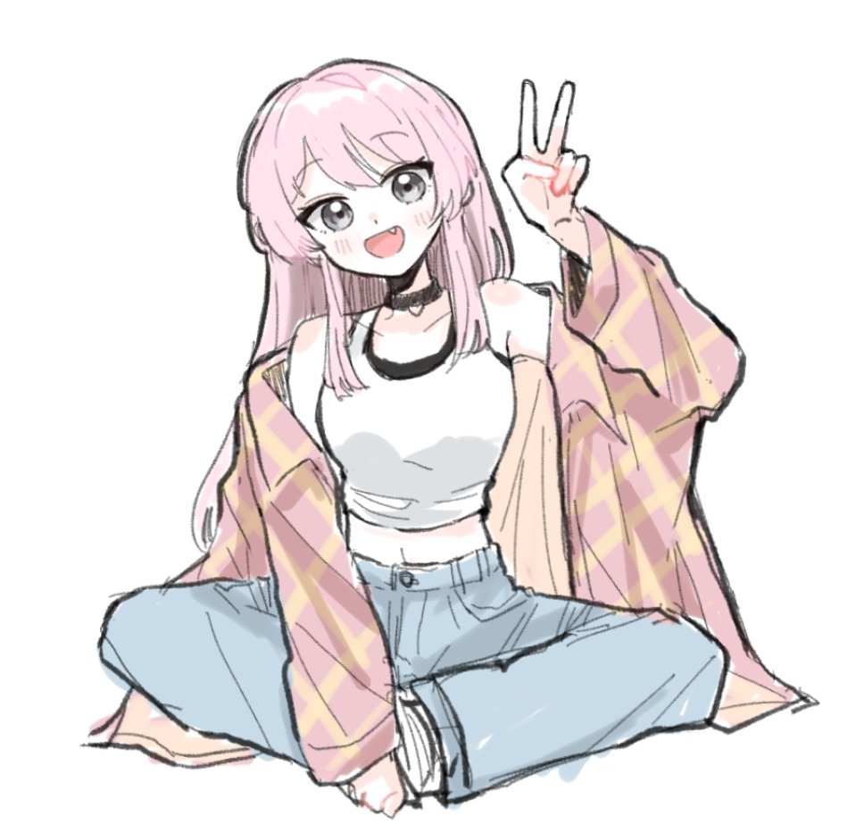 1girl :d arm_up at_09098 bang_dream! bang_dream!_it&#039;s_mygo!!!!! black_choker black_shirt blue_pants butterfly_sitting chihaya_anon choker collarbone commentary_request cropped_shirt fang full_body grey_eyes hand_on_own_ankle head_tilt invisible_floor jacket korean_commentary layered_shirt long_hair long_sleeves looking_at_viewer midriff navel official_alternate_costume open_clothes open_jacket open_mouth pants pink_hair pink_jacket plaid_clothes plaid_jacket shirt simple_background sitting sleeveless sleeveless_shirt smile solo v white_background white_shirt yellow_jacket
