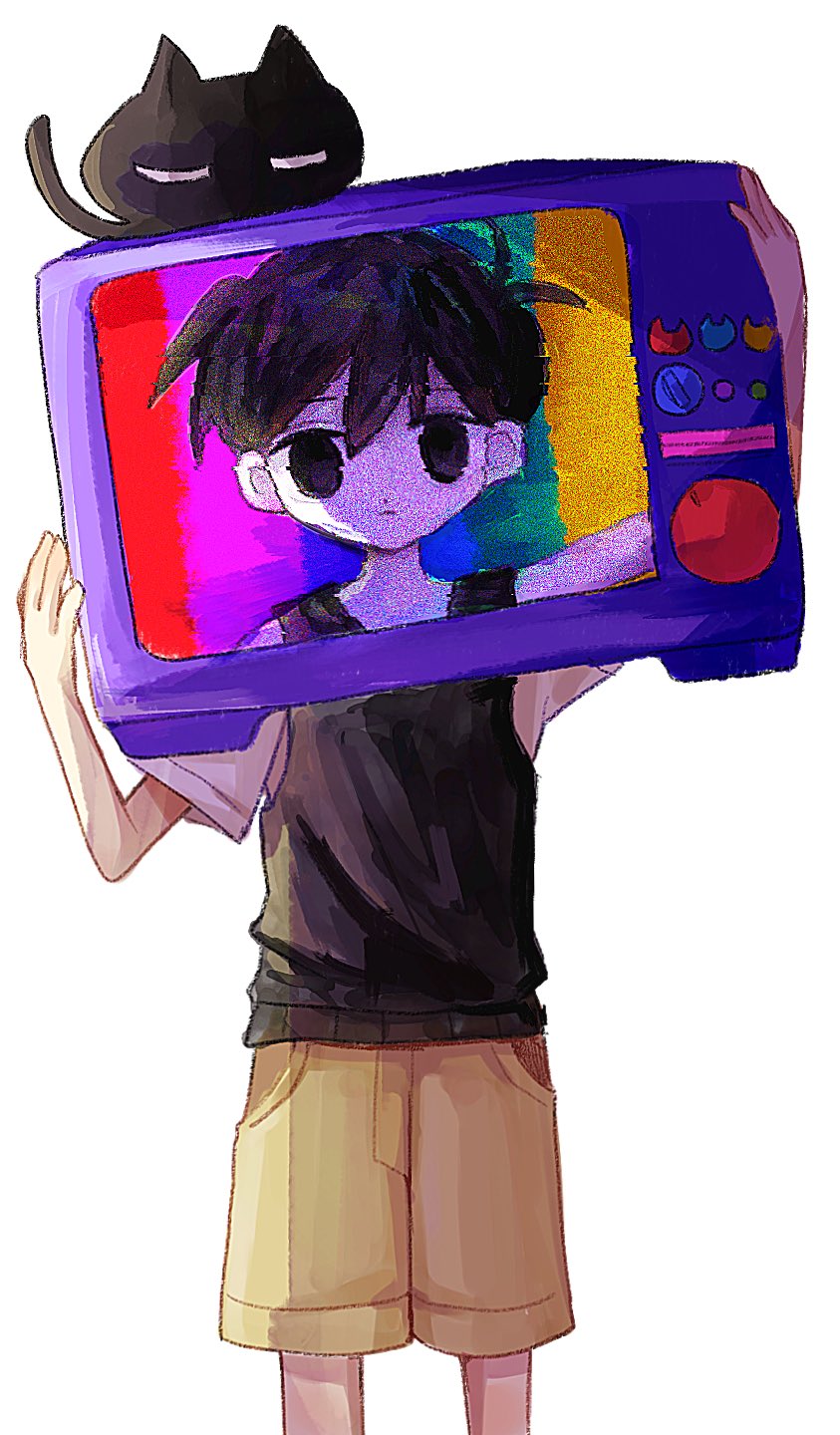 1boy arms_up black_eyes black_hair black_sweater_vest brown_shorts cat closed_mouth colored_skin dual_persona highres holding_television looking_at_viewer male_focus mewo mugi062 omori omori_(omori) shirt short_hair short_sleeves shorts solo sunny_(omori) sweater_vest television white_shirt white_skin