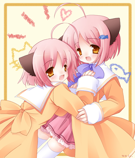 13cm 2girls ahoge animal_ears blush brown_fur cat cat_ears cat_girl coat fang fish fish_hair_ornament hair_ornament heart multiple_girls nami_(nekokawaigari) natsume_eri neko_kawaigari! nekokawaigari open_mouth orange_eyes pink_hair pink_skirt sailor_collar short_hair siblings simple_background sisters skirt smile thighhighs twins umi_(nekokawaigari) white_thighhighs yellow_coat zettai_ryouiki