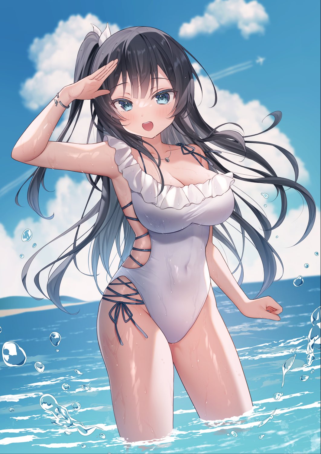 1girl black_hair blue_eyes breasts cloud gyozanuko highres large_breasts long_hair ocean one-piece_swimsuit open_mouth original sky solo standing swimsuit water