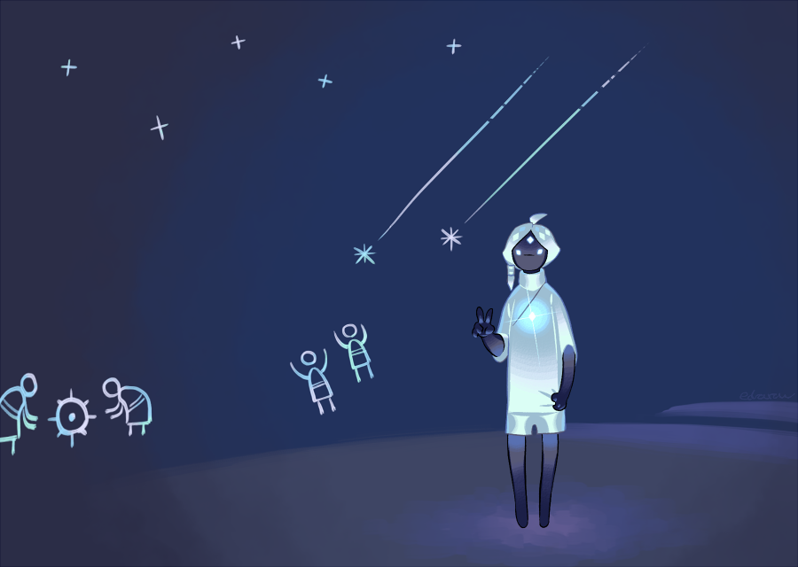 1other blue_background commentary edarow english_commentary full_body original outdoors shooting_star short_hair shorts sky:_children_of_the_light sky_child solo standing v white_hair