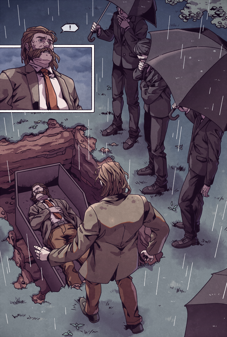 4boys belt black_hair blazer brown_hair cigarette coffin corpse death disco_elysium facial_hair formal_clothes funeral glasses grass grave harry_du_bois holding holding_cigarette holding_umbrella jacket jean_vicquemare kim_kitsuragi looking_down lying male_focus medium_hair multiple_boys mustache mutton_chops necktie open_grave outdoors pants rain round_eyewear shirt shoes short_hair smoking standing suit sweatdrop umbrella wenny02 white_shirt
