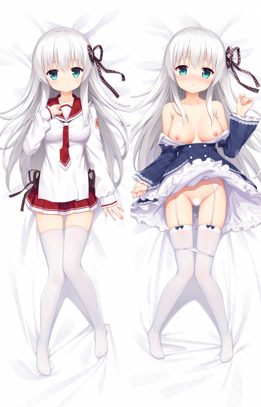 1girl apron bed_sheet blue_eyes blue_shirt blue_skirt blush breasts closed_mouth collarbone commentary_request dakimakura_(medium) diagonal_stripes frilled_apron frills garter_straps grey_hair hand_up heijialan knees_together_feet_apart long_hair long_sleeves medium_breasts multiple_views necktie nipples no_shoes nose_blush off_shoulder original panties panty_pull parted_lips pleated_skirt puffy_long_sleeves puffy_sleeves red_necktie red_sailor_collar red_skirt sailor_collar shirt skirt sleeves_past_wrists striped_background thighhighs underwear very_long_hair waist_apron white_apron white_panties white_shirt white_thighhighs