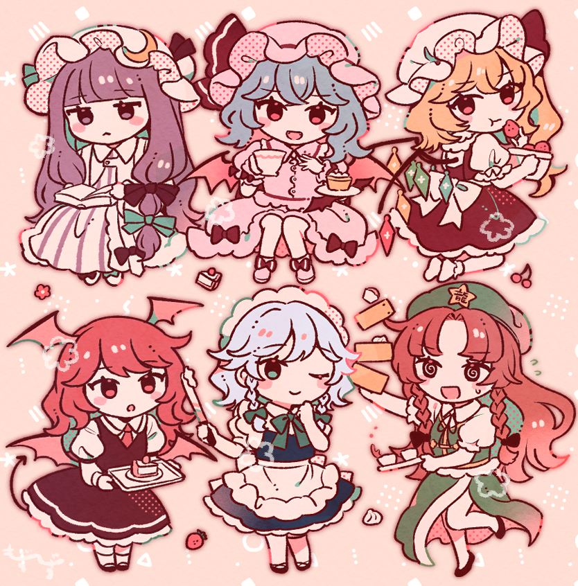 6+girls :&lt; :d :o ;) apron bamboo_steamer bat_wings beret black_skirt black_vest blonde_hair blue_eyes blue_hair blue_skirt blue_vest blunt_bangs book book_on_lap bow bowtie braid cake cake_slice cherry chibi chibi_only closed_mouth collared_shirt commentary crescent crescent_hat_ornament cup demon_tail dress eating flandre_scarlet food fork fruit full_body green_bow green_hat green_skirt green_vest grey_hair hair_between_eyes hair_bow hat hat_ornament hat_ribbon head_wings holding holding_cup holding_food holding_fork holding_fruit holding_knife holding_plate holding_tray hong_meiling izayoi_sakuya kneeling knife koakuma long_hair looking_at_viewer looking_back maid_headdress medium_hair mob_cap mozukuzu_(manukedori) multiple_girls neck_ribbon necktie one_eye_closed open_book open_mouth parted_bangs patchouli_knowledge pink_dress pink_hat pink_skirt plate puffy_short_sleeves puffy_sleeves purple_hair red_bow red_eyes red_hair red_necktie red_skirt red_vest remilia_scarlet ribbon shirt short_hair short_sleeves side_braids side_slit sitting skirt smile socks standing star_(symbol) star_hat_ornament strawberry symbol-only_commentary tail teacup touhou tray very_long_hair vest waist_apron white_apron white_hat white_shirt white_socks wings