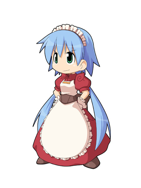 1girl apron blue_hair brown_shoes closed_mouth collared_dress dorothy_(ragnarok_online) dress frilled_apron frills full_body gloves green_eyes kafra_uniform long_hair looking_afar low_twintails maid maid_headdress official_art puffy_short_sleeves puffy_sleeves ragnarok_online ragnarok_online_saga:_swordsman_and_the_sealed_sword shoes short_sleeves simple_background smile solo standing third-party_source twintails v-shaped_eyebrows very_long_hair white_apron white_background white_gloves yuichirou