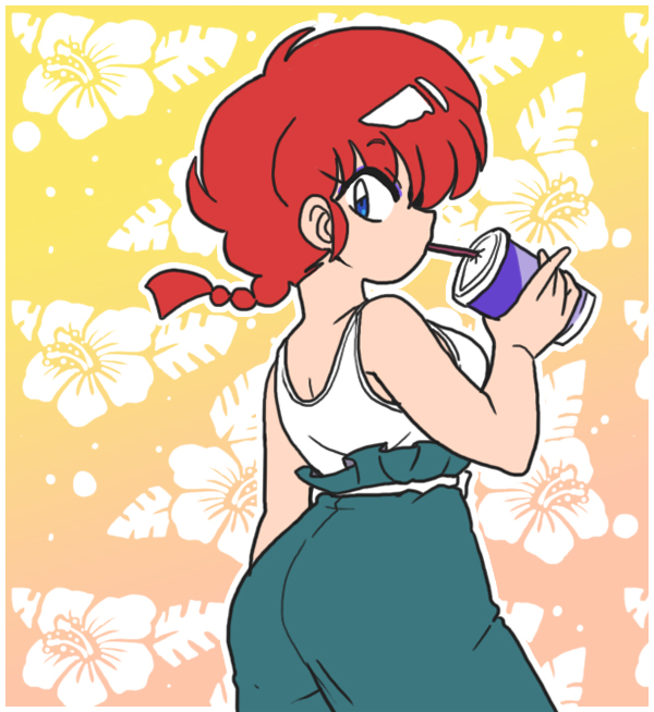 1girl ass blue_eyes braid braided_ponytail breasts flower ranma-chan ranma_1/2 red_hair solo wanta_(futoshi) white_flower