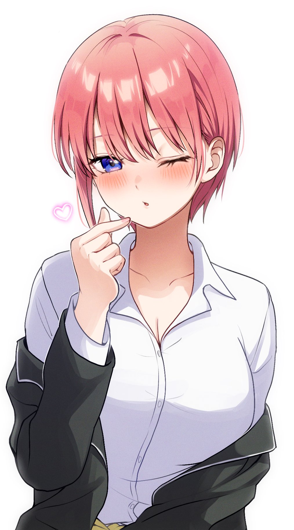 1girl asymmetrical_hair black_jacket blazer blue_eyes breasts cleavage commentary_request finger_heart go-toubun_no_hanayome highres jacket kurosaki_coco large_breasts looking_at_viewer nakano_ichika off_shoulder one_eye_closed pink_hair shirt short_hair solo white_background white_shirt