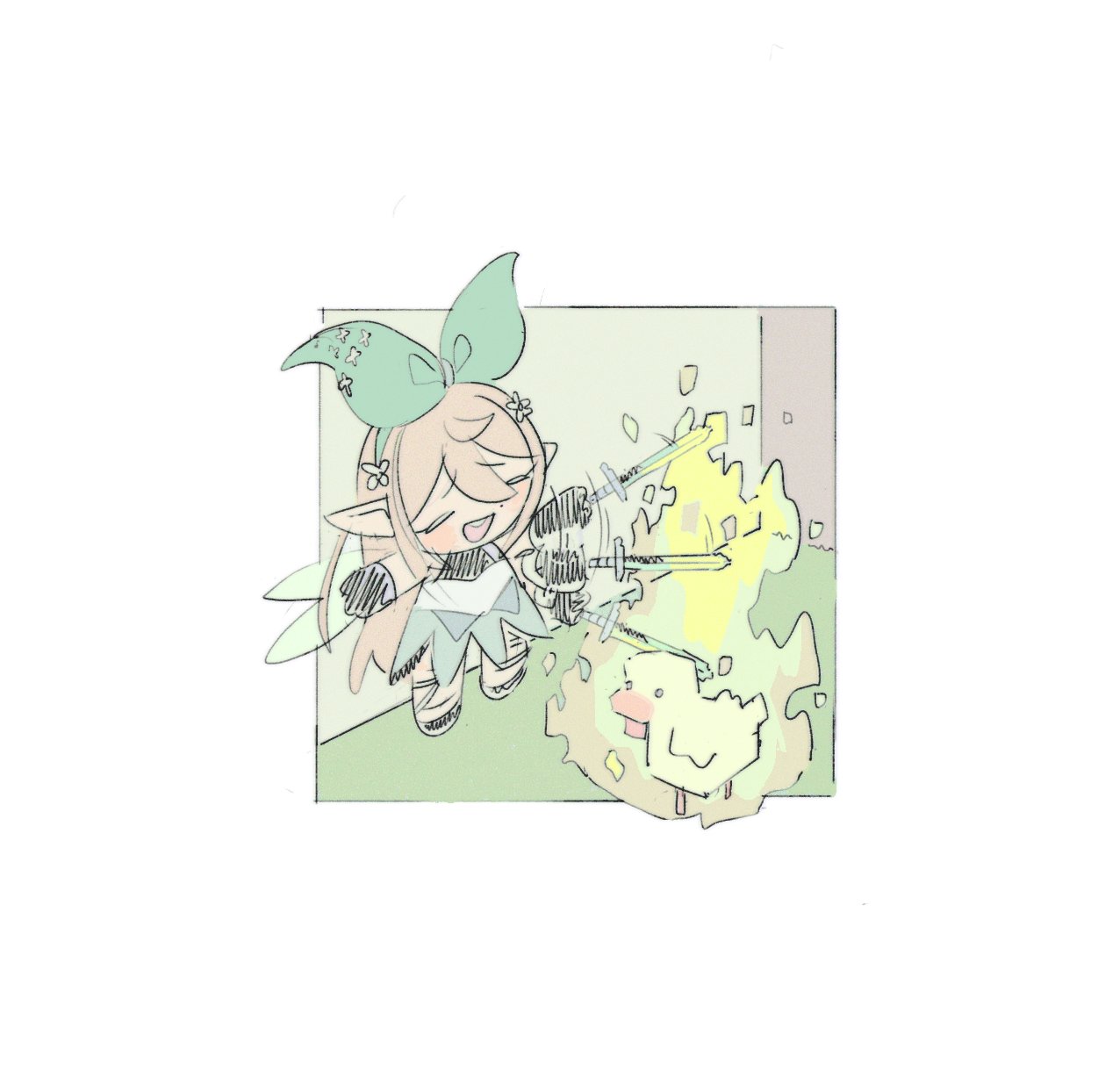 1girl black_gloves blush border brown_hair chibi chicken_(minecraft) gloves green_ribbon green_skirt hair_behind_ear hair_ribbon highres holding holding_sword holding_weapon long_hair minecraft minecraft_sword nijisanji nijisanji_en open_mouth pointy_ears pomu_rainpuff pomu_rainpuff_(1st_costume) ribbon skirt slashing smile sofia_davila solo_focus sword virtual_youtuber weapon white_border