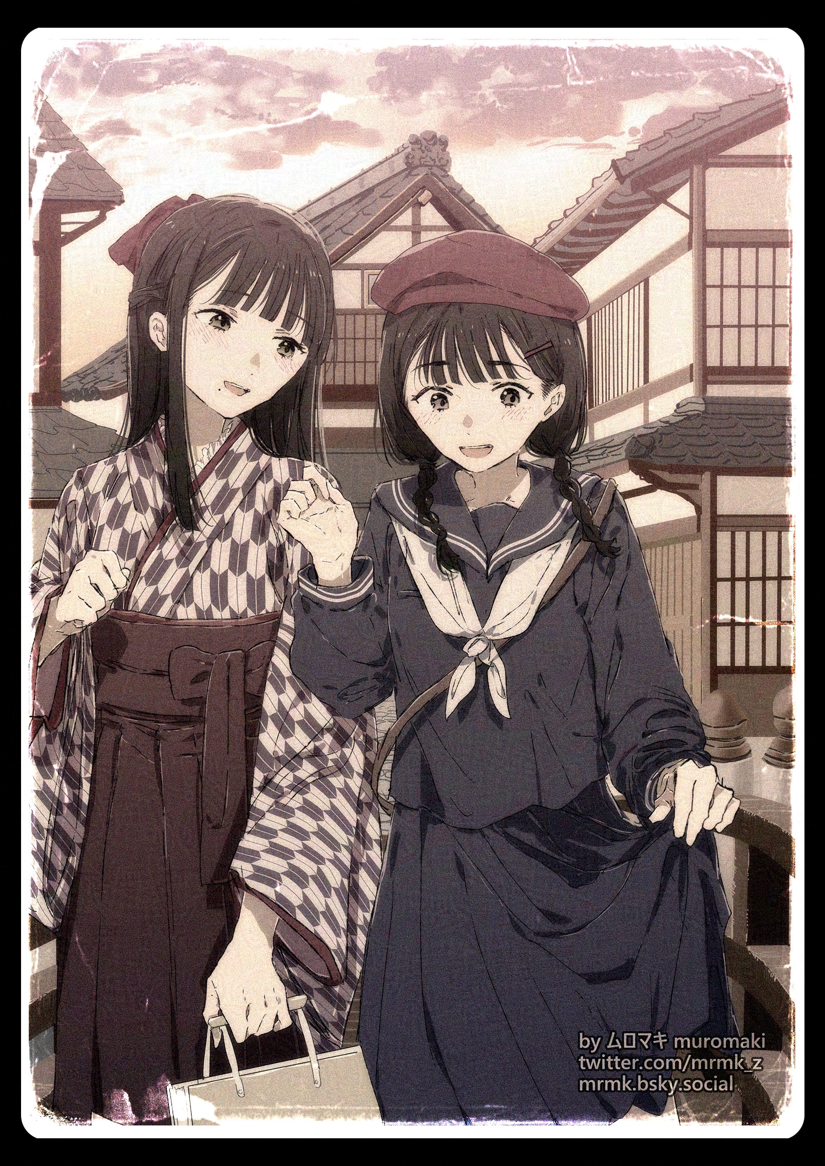 2girls beret black_border black_hair blue_sailor_collar blue_serafuku blue_shirt blue_skirt blush border braid commentary_request fake_photograph hair_ornament hairclip half_up_braid hat highres japanese_clothes kimono long_hair long_sleeves mole mole_under_mouth multiple_girls muromaki muted_color neckerchief open_mouth original red_hat red_skirt sailor_collar school_uniform serafuku shirt skirt skirt_hold teeth twin_braids twitter_username upper_teeth_only white_neckerchief yagasuri