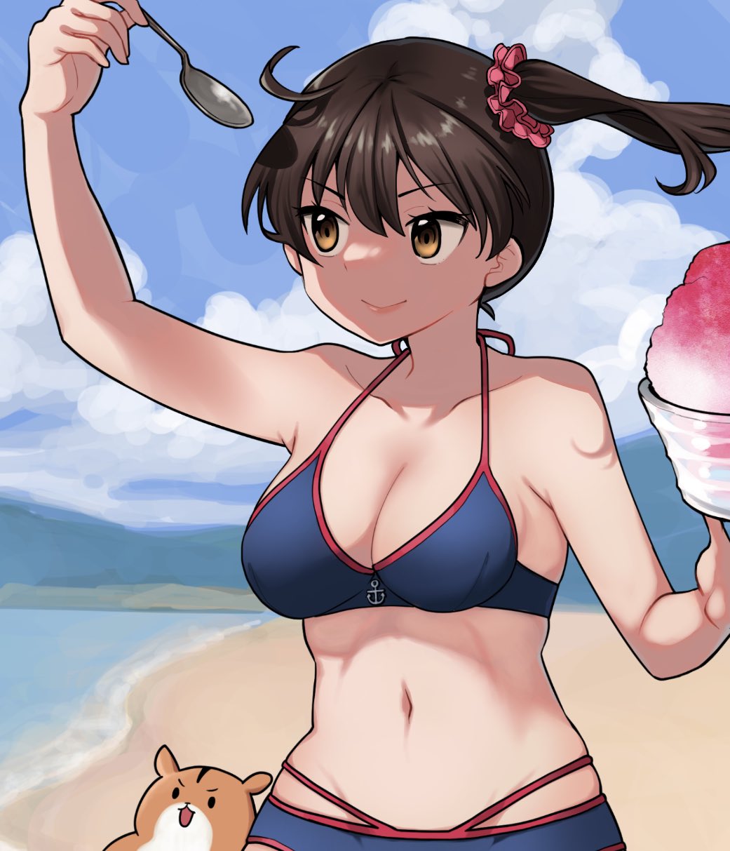 1girl admiral_(kancolle) alternate_costume anchor artist_self-insert beach bikini blue_bikini blue_sky breasts brown_eyes brown_hair cleavage cloud day food hamster highres kaga_(kancolle) kantai_collection kirisawa_juuzou kirisawa_juuzou_(character) large_breasts long_hair non-human_admiral_(kancolle) ocean outdoors shaved_ice side_ponytail sky smile spoon swimsuit