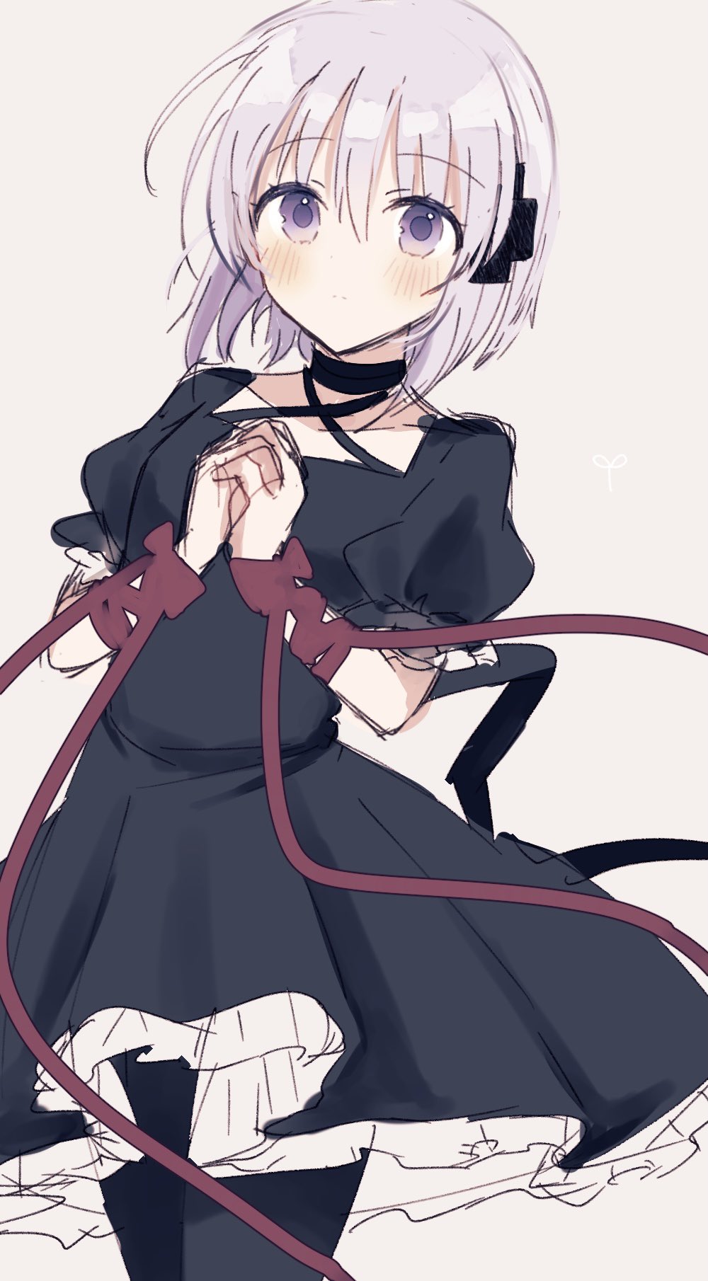 1girl aiyan arm_ribbon black_choker black_dress black_pantyhose blush choker closed_mouth commentary cowboy_shot criss-cross_halter cross_hair_ornament dress expressionless eyelashes eyes_visible_through_hair frilled_dress frills grey_background grey_hair hair_between_eyes hair_ornament halterneck highres interlocked_fingers kagari_(rewrite) long_ribbon looking_at_viewer medium_hair own_hands_together pantyhose puffy_short_sleeves puffy_sleeves purple_eyes red_ribbon rewrite ribbon short_dress short_sleeves simple_background sketch solo standing tareme