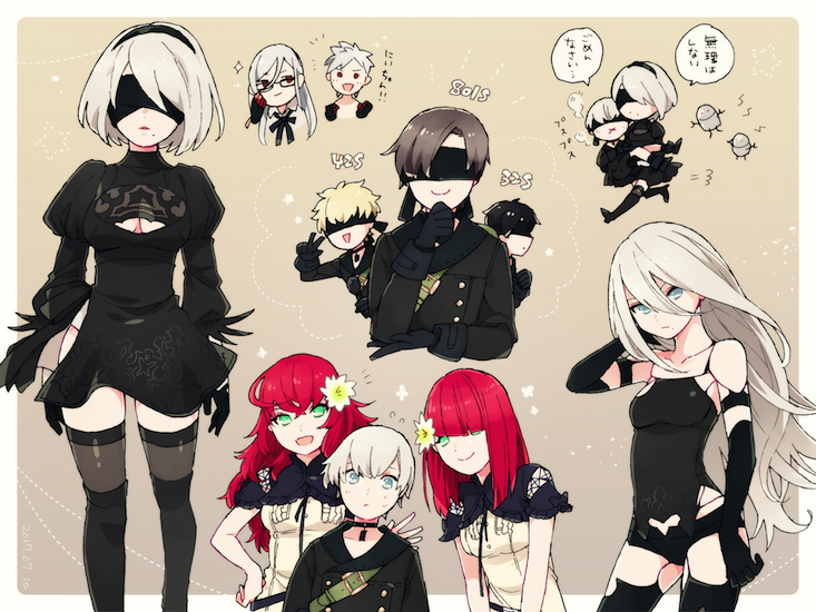 2b_(nier:automata) 32s_(nier:automata) 42s_(nier:automata) 4girls 6+boys 801s_(nier:automata) 9s_(nier:automata) a2_(nier:automata) adam_(nier:automata) black_dress black_hair black_thighhighs blindfold blonde_hair commentary_request devola dress eve_(nier:automata) glasses green_eyes grey_hair long_hair machine_(nier) malt_40 multiple_boys multiple_girls nier:automata nier_(series) no_blindfold popola red_hair short_hair smile thighhighs translation_request