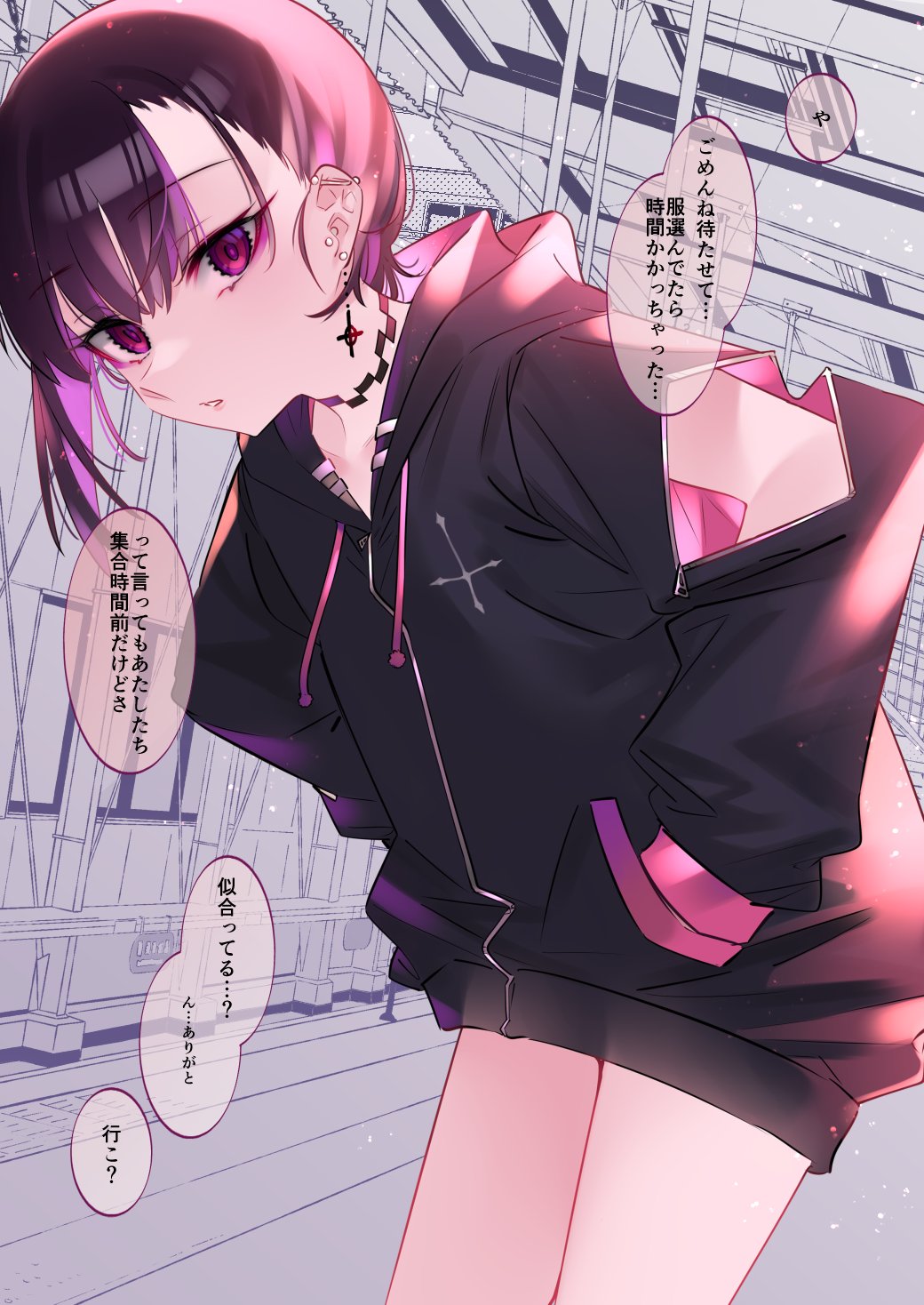 1girl 7zu7 earrings highres hood hooded_jacket jacket jewelry monochrome_background original partially_colored purple_eyes purple_hair short_hair translated