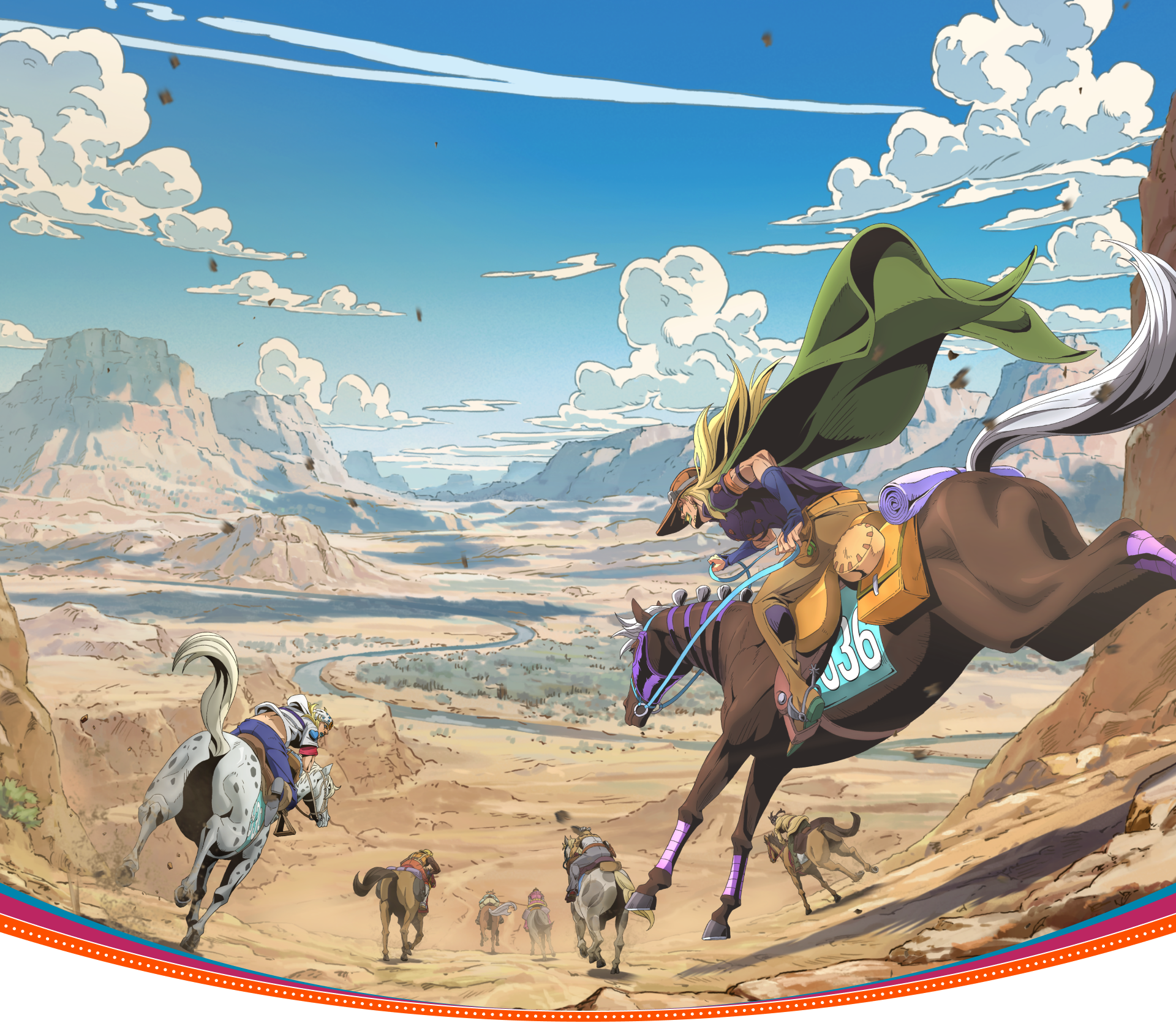 1girl 5boys blonde_hair blue_sky bridal_gauntlets brown_pants cape character_request cloud cloudy_sky cowboy_hat diego_brando gets_up_(horse) ghost_rider_in_the_sky_(jojo) green_cape gyro_zeppeli hat hey_ya_(horse) highres hood hoodie horse horseback_riding hot_pants_(sbr) johnny_joestar jojo_no_kimyou_na_bouken mountain_tim mountainous_horizon multiple_boys official_art pants pocoloco promotional_art riding river silver_bullet_(jojo) sky slow_dancer_(jojo) steel_ball_run valkyrie_(jojo) white_hoodie