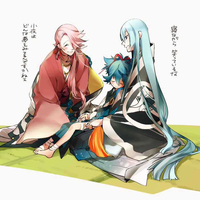 10s 3boys ankle_wrap bandages bandaid bandaid_on_face barefoot blue_hair blush closed_eyes earrings hair_over_one_eye hair_tie holding_hands japanese_clothes jewelry kimono kousetsu_samonji long_hair looking_at_another male_focus masyu_yuyu multiple_boys pink_hair ponytail sayo_samonji seiza simple_background sitting sleeping smile souza_samonji tassel tatami touken_ranbu translation_request very_long_hair white_background