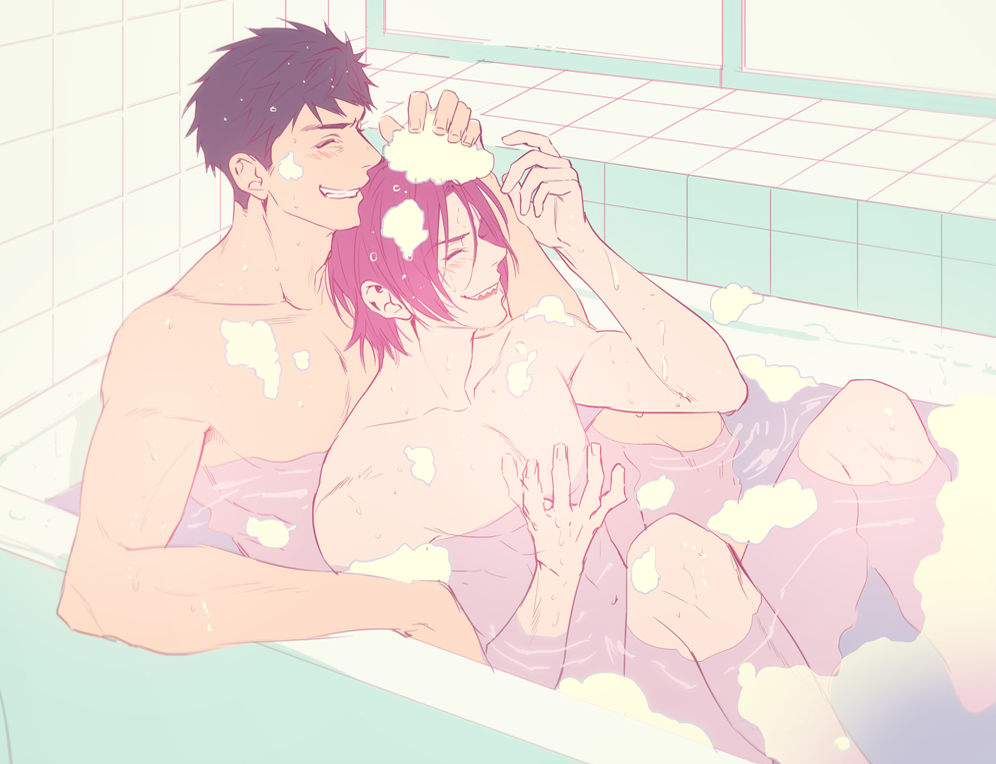 2boys bathing bathtub black_hair free! front-to-back male_focus matsuoka_rin medium_hair multiple_boys okii_(oh_ki_ik) partially_submerged red_hair shared_bathing sharp_teeth short_hair smile soap_bubbles teeth yamazaki_sousuke