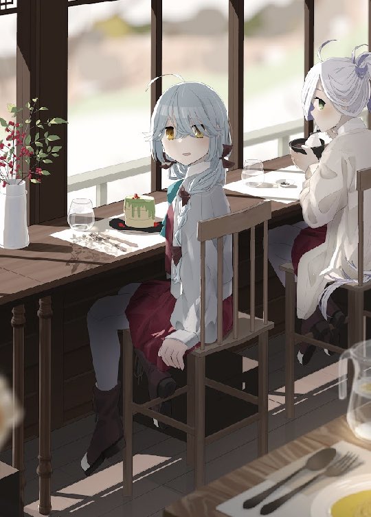 2girls ahoge aqua_bow asashimo_(kancolle) black_ribbon bonozako boots bow braid collared_shirt cup dessert dress dress_shirt drinking_glass eating food from_behind grey_hair grey_jacket hair_over_eyes hair_ribbon hamanami_(kancolle) jacket kantai_collection lace-up_boots looking_back multiple_girls purple_dress ribbon shirt single_braid solo_focus vase white_shirt
