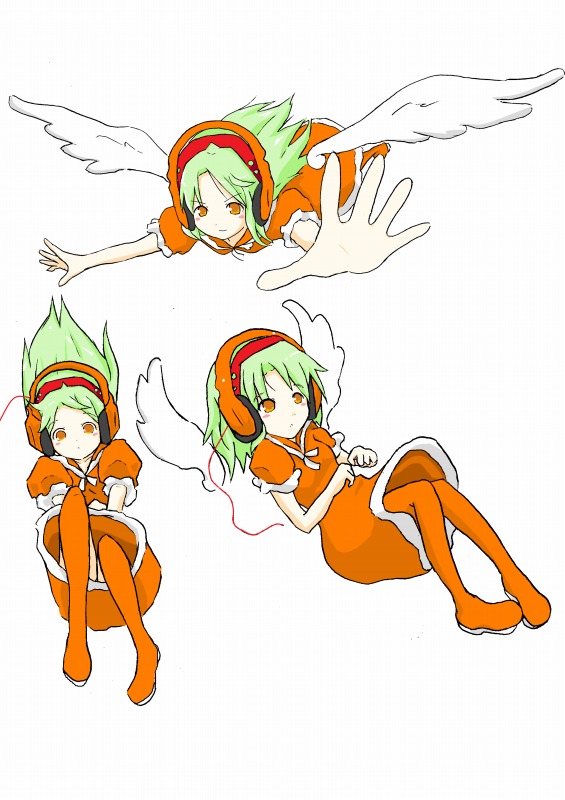 1girl angel angel_wings bemani bms freedom_dive green_hair headphones kurante orange_eyes sound_voltex wings yutoriou