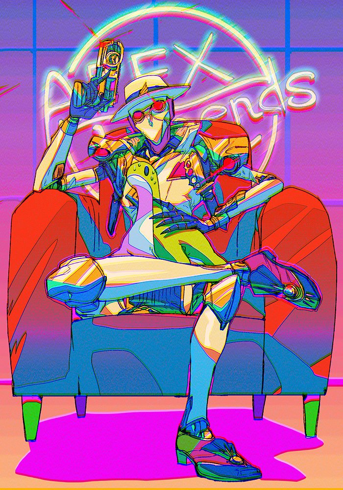 1boy apex_legends b3_wingman chair copyright_name fedora glowing glowing_eye gun handgun hat holding holding_gun holding_stuffed_toy holding_weapon jacket mizu_cx nervous_sweating nessie_(respawn) red_eyes revenant_(apex_legends) simulacrum_(titanfall) sitting solo speakeasy_revenant stuffed_toy sweat weapon white_hat white_jacket
