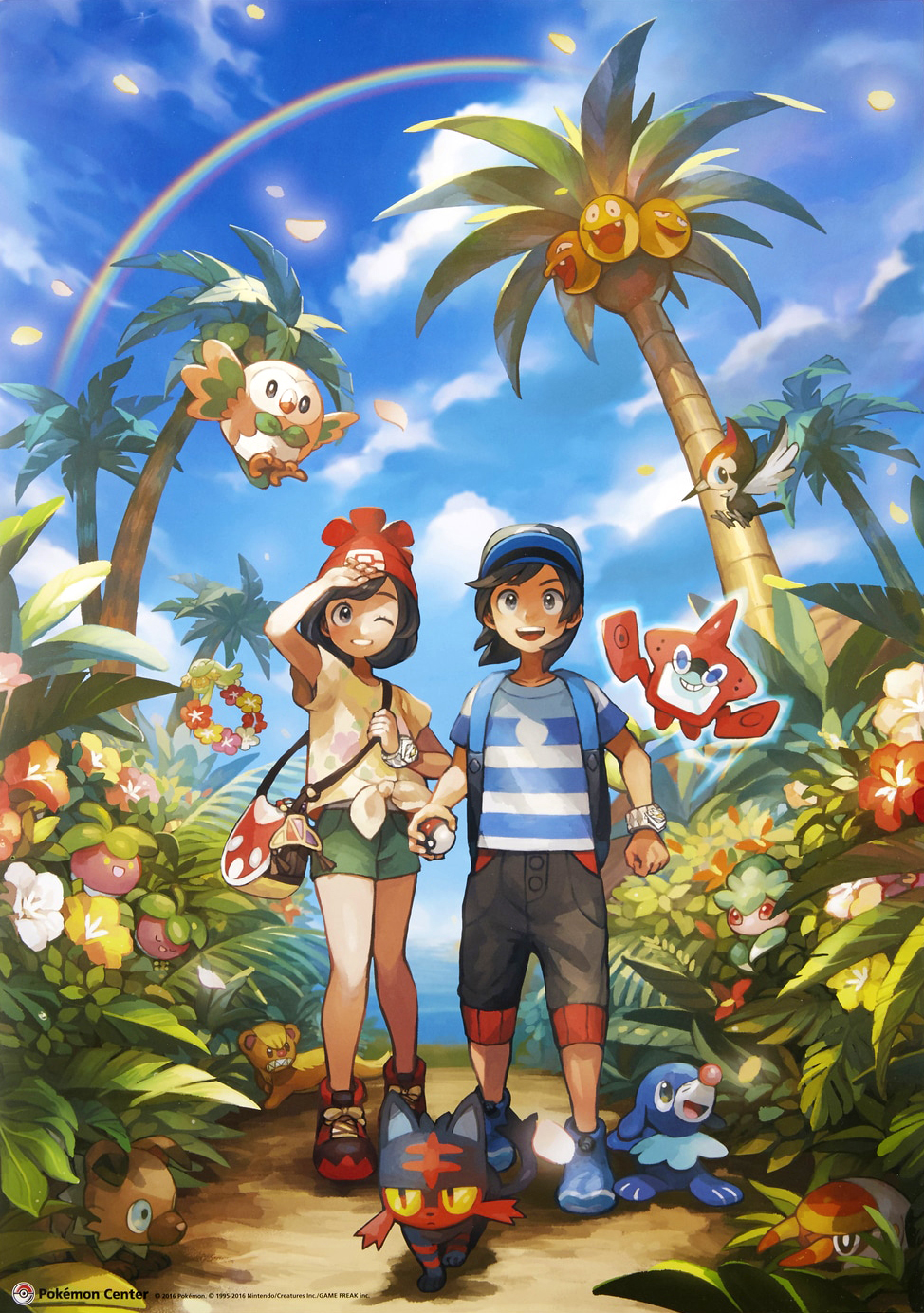1boy 1girl :d alolan_exeggutor alolan_form arm_up artist_request backpack bag baseball_cap black_hair black_pants blue_eyes blue_footwear blue_hat blue_shirt blue_sky bounsweet brown_fur bush closed_eyes cloud colored_sclera comfey copyright_name copyright_notice electricity elio_(pokemon) fern floating floral_print flower flying fomantis full_body game_freak gen_4_pokemon gen_7_pokemon green_shorts grey_eyes grubbin hat highres holding holding_poke_ball litten nintendo official_art one_eye_closed open_mouth outdoors palm_tree pants petals pink_flower poke_ball poke_ball_(basic) pokemon pokemon_(creature) pokemon_sm popplio rainbow red_eyes red_flower red_hat rockruff rotom rotom_dex rowlet selene_(pokemon) sharp_teeth shirt shoes short_hair shorts shoulder_bag sky smile standing starter_pokemon_trio striped_clothes striped_shirt teeth third-party_source tree two-tone_shirt upper_teeth_only white_flower white_shirt yellow_eyes yellow_flower yellow_fur yellow_sclera yellow_shirt yungoos z-ring