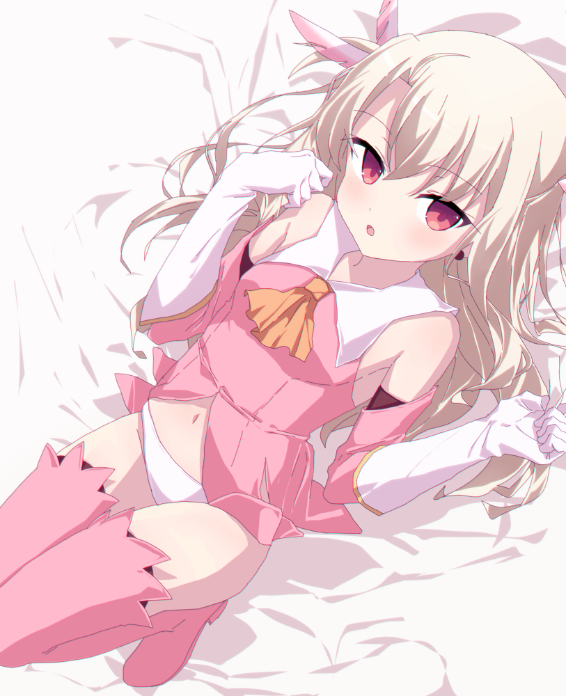 1girl bad_id bad_pixiv_id bed_sheet boots breasts brown_neckwear commentary_request detached_sleeves elbow_gloves fate/kaleid_liner_prisma_illya fate_(series) feather_hair_ornament feathers gloves hair_between_eyes hair_ornament hand_up illyasviel_von_einzbern light_brown_hair long_hair looking_at_viewer lying magical_girl navel no_pants on_back one_side_up oueo panties pink_boots pink_feathers pink_shirt pink_sleeves pink_thighhighs prisma_illya red_eyes shirt sleeveless sleeveless_shirt small_breasts solo thigh_boots thighhighs underwear very_long_hair white_gloves white_panties