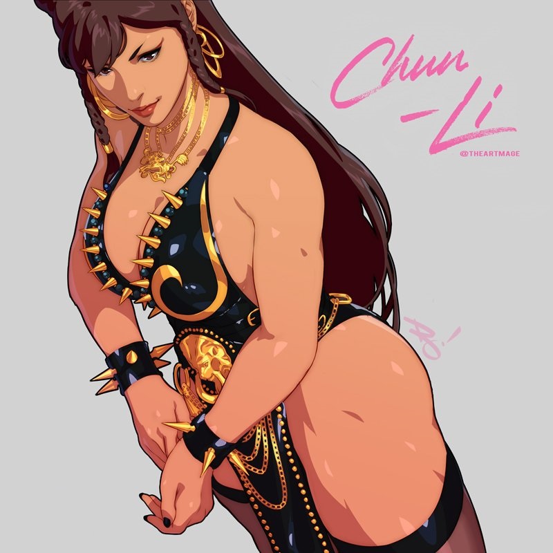 1girl bracelet breasts capcom chun-li cleavage dress earrings gold_necklace hoop_earrings jewelry long_hair muscular muscular_female necklace parody pelvic_curtain solo spiked_bracelet spikes standing street_fighter the_art_mage thighhighs