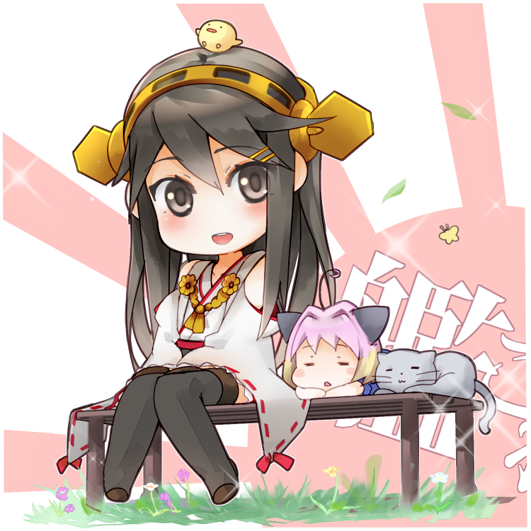 00s 10s 1girl :d ahoge amder animal_ears bad_id bad_pixiv_id bare_shoulders bench bird brown_hair cat chibi double_bun gradient_hair hair_ornament hairband haruna_(kancolle) headgear japanese_clothes kantai_collection long_hair looking_at_viewer multicolored_hair multiple_girls open_mouth personification potemayo potemayo_(character) ribbon-trimmed_sleeves ribbon_trim short_hair sleeping smile thighhighs