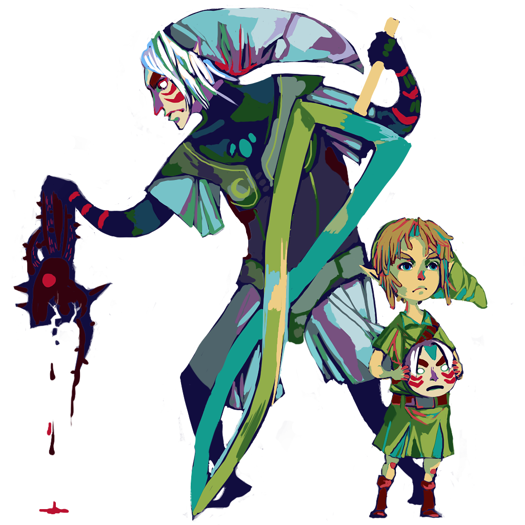 2boys blonde_hair blood blood_drip blood_drop chest_jewel commentary crescent crescent_print dark_persona double_helix dual_persona english_commentary facial_mark facial_tattoo fierce_deity fierce_deity_mask gem hat holding holding_mask holding_sword holding_weapon hyliandragoncatty link looking_afar looking_down looking_to_the_side mask multiple_boys nintendo pointy_ears possessed possession short_hair standing sword tattoo the_legend_of_zelda the_legend_of_zelda:_majora&#039;s_mask tunic weapon white_hair