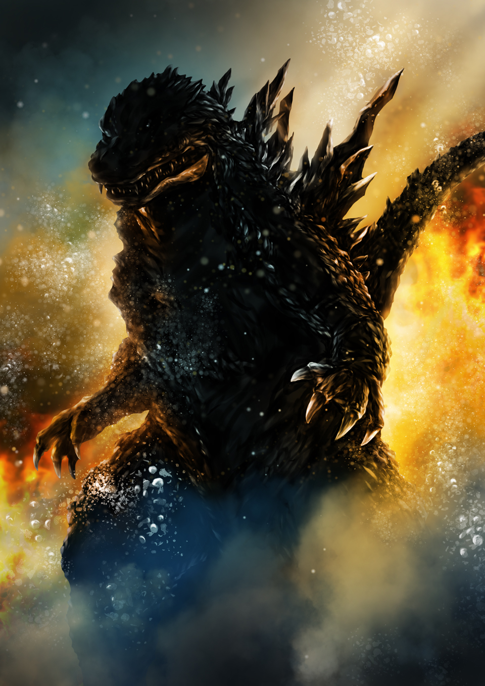 bubble dinosaur dust eruption explosion fire godzilla godzilla_(series) godzilla_2000:_millennium highres kaiju looking_at_viewer lava no_humans ocean shiitake_mushrooms_(artist) smoke spikes steam submarine_volcano tail toho underwater volcano