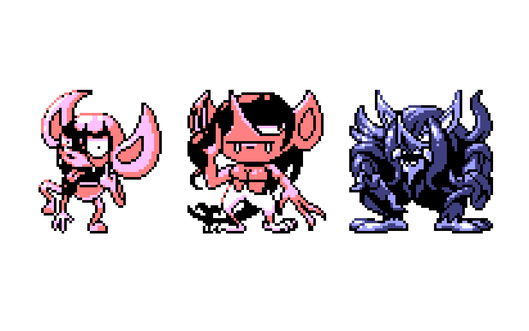 akanbe commentary creature english_commentary evolutionary_line eyelid_pull fangs full_body gen_8_pokemon grimmsnarl impidimp long_hair looking_at_viewer morgrem nintendo no_humans pat_attackerman pixel_art pokemon pokemon_(creature) simple_background sprite standing standing_on_one_leg tongue tongue_out white_background