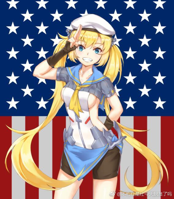 1girl american_flag bike_shorts black_gloves blonde_hair blue_background blue_eyes breasts buxiuhongxingshe_jintiantuopinlema english_text fingerless_gloves flag_background gloves grin hat johnston_(warship_girls_r) long_hair looking_at_viewer medium_breasts neckerchief sailor_collar sailor_hat salute shirt short_sleeves shorts side_ponytail skirt smile solo star_(symbol) twintails twitter_username united_states very_long_hair warship_girls_r watermark weibo_watermark white_hat yellow_neckerchief