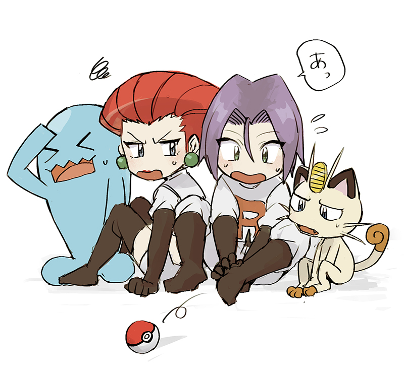 1boy 1girl black_gloves blue_eyes boots chibi creatures_(company) crop_top game_freak gen_1_pokemon gen_2_pokemon gloves green_eyes james_(pokemon) jessie_(pokemon) logo meowth nintendo nmnm_bbb poke_ball pokemon pokemon_(anime) pokemon_(classic_anime) pokemon_(creature) purple_hair red_hair sitting team_rocket team_rocket_uniform white_background wobbuffet