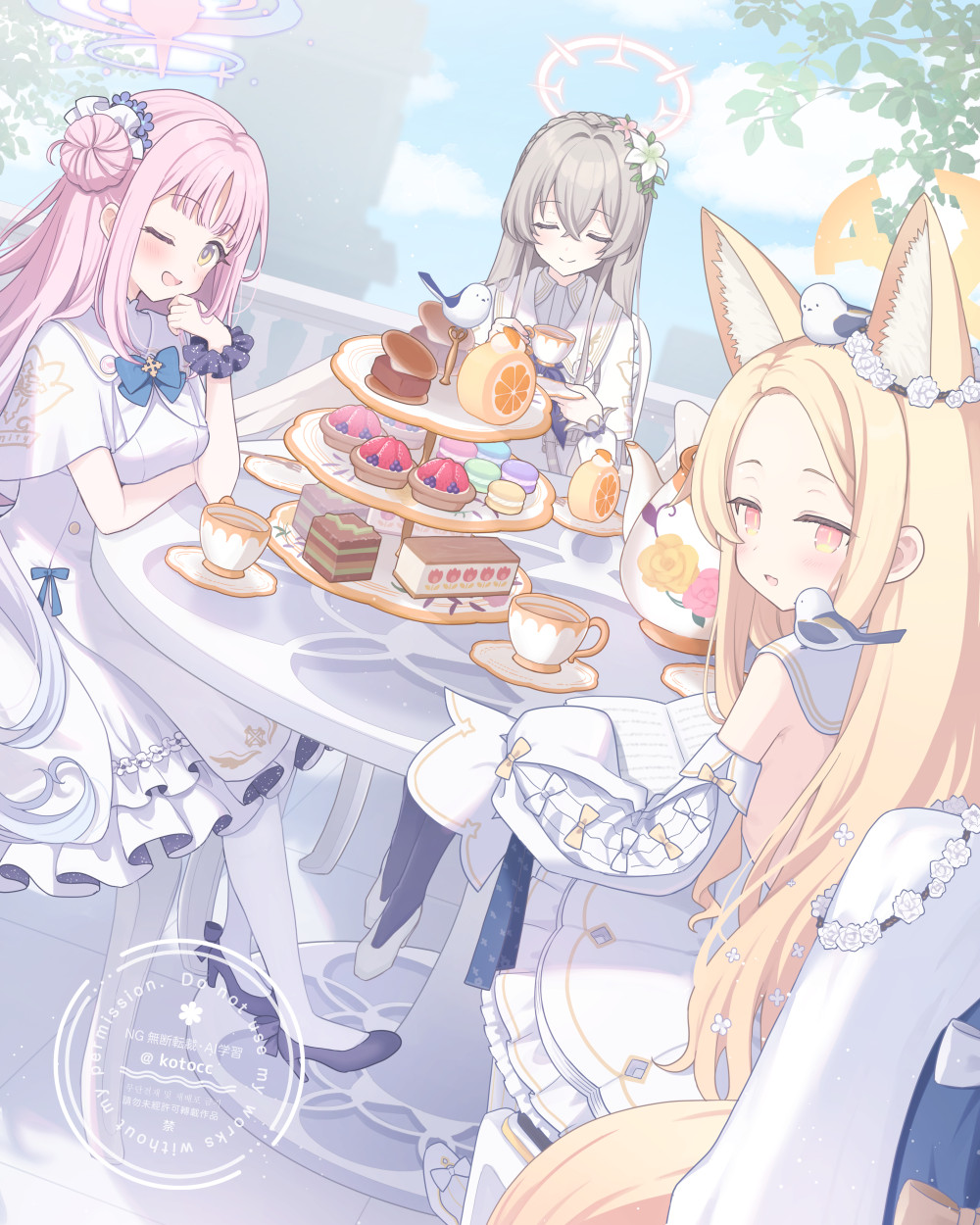 3girls ;d animal animal_ear_fluff animal_ears animal_on_head animal_on_shoulder bare_shoulders bird bird_on_head bird_on_shoulder black_pantyhose black_shoes blonde_hair blue_archive blue_bow blue_bowtie blush bow bowtie closed_eyes closed_mouth commentary cup day detached_sleeves dress flower food fox_ears fox_girl frilled_dress frills fruit grey_hair hair_flower hair_ornament halo high_heels highres koto_(colorcube) long-tailed_tit long_hair long_sleeves macaron mika_(blue_archive) multiple_girls nagisa_(blue_archive) on_head one_eye_closed open_mouth orange_(fruit) orange_eyes orange_halo outdoors pantyhose pink_hair pink_halo purple_scrunchie saucer scrunchie seia_(blue_archive) shoes sitting sleeveless sleeveless_dress smile tea_party_(blue_archive) teacup tit_(bird) watermark white_dress white_pantyhose white_shoes white_sleeves wrist_scrunchie yellow_eyes yellow_halo
