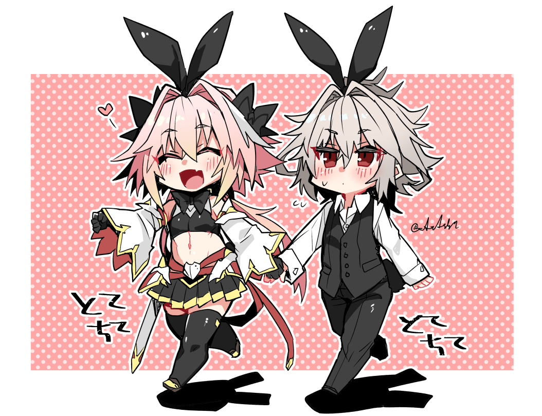 2boys animal_ears astolfo_(fate) astolfo_(saber)_(fate) astolfo_(saber)_(first_ascension)_(fate) black_bow black_bowtie black_gloves black_pants black_shirt black_thighhighs black_vest blush bow bowtie chibi closed_mouth crop_top deformed detached_sleeves dot_mouth fake_animal_ears fate/apocrypha fate/grand_order fate_(series) full_body gloves gold_trim grey_hair hair_between_eyes haoro heart holding_hands long_hair midriff multiple_boys navel open_mouth pants pleated_skirt polka_dot polka_dot_background rabbit_ears rabbit_tail red_eyes red_ribbon ribbon scabbard shadow sheath shirt short_hair sieg_(fate) signature skirt smile sweat tail thighhighs twintails very_long_hair vest walking white_shirt wide_sleeves wing_collar