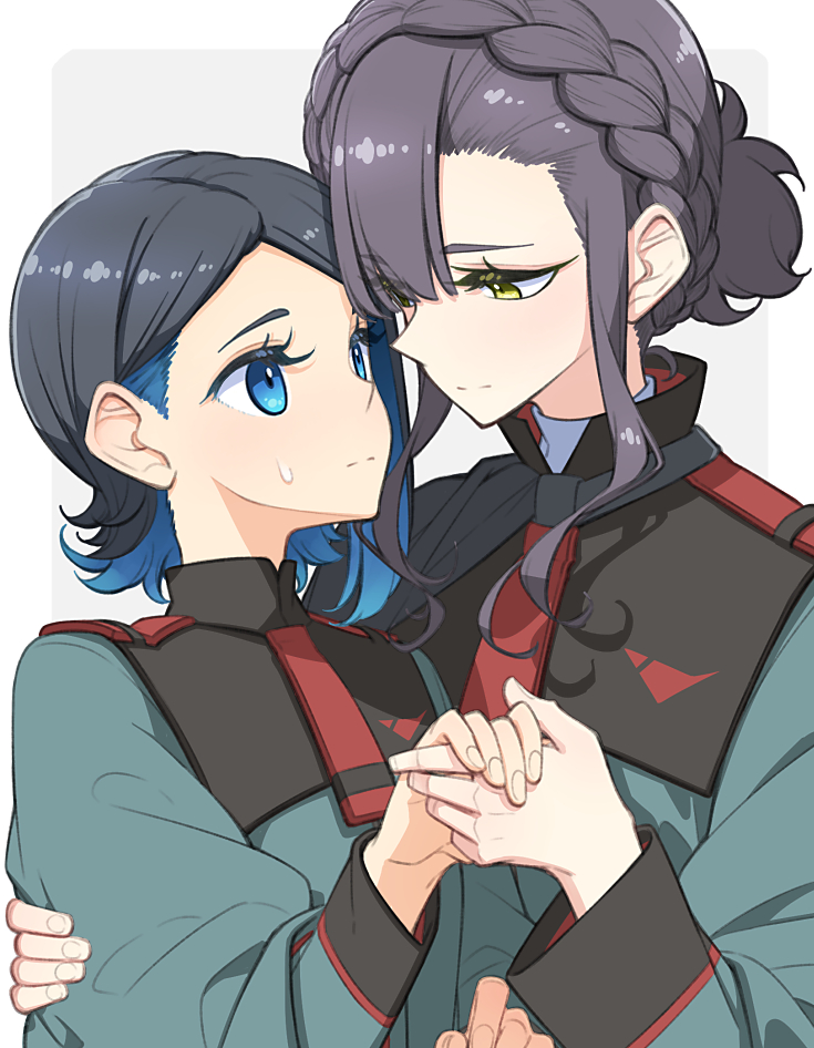 2girls asticassia_school_uniform black_hair blue_eyes braid closed_mouth colored_inner_hair commentary_request eye_contact green_shirt grey_background gundam gundam_suisei_no_majo holding_hands long_sleeves looking_at_another multicolored_hair multiple_girls nika_nanaura purple_hair sabina_fardin sakuraba_yuuki school_uniform shirt short_hair sidelocks two-tone_hair white_background yellow_eyes yuri