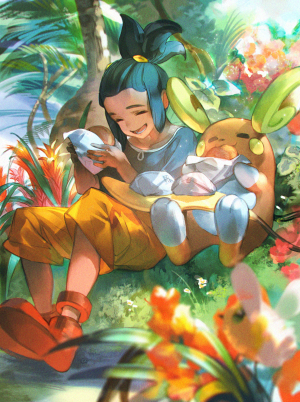 1boy alolan_form alolan_raichu black_shirt blurry blurry_foreground capri_pants closed_eyes collarbone commentary_request cutiefly flower food gen_7_pokemon grass green_hair hau_(pokemon) head_down holding holding_food malasada nintendo open_mouth orange_pants orange_shoes pants pokemon pokemon_(creature) pokemon_sm red_flower shirt shoes short_sleeves sidelocks sitting teeth tongue tree wadanaka