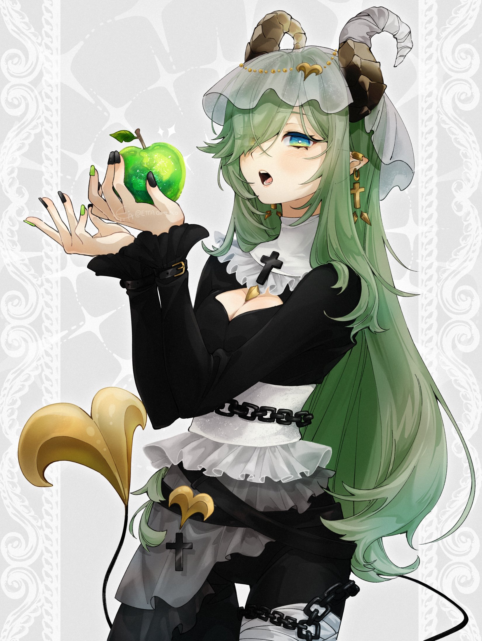 1girl alternate_costume apple black_dress black_pants blue_eyes blush breasts bridal_veil brown_horns chain cleavage cleavage_cutout clothing_cutout commentary_request cowboy_shot cross cross_earrings curled_horns demon_girl demon_horns demon_tail dress earrings ettadotteco eyes_visible_through_hair food fruit green_apple green_hair hair_between_eyes hair_over_one_eye heterochromia highres holding holding_food holding_fruit horns jewelry long_bangs long_hair looking_at_viewer medium_breasts nanashi_inc. open_mouth pants pointy_ears sash sekishiro_mico solo tail veil virtual_youtuber white_background white_sash yellow_eyes