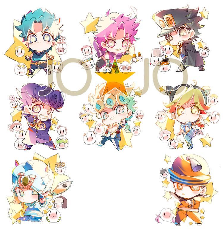 1girl 6+boys battle_tendency beanie blonde_hair blue_hair caesar_anthonio_zeppeli chibi diamond_wa_kudakenai diego_brando dixie_cup_hat emporio_alnino erina_pendleton ermes_costello family foo_fighters_(jojo) giorno_giovanna green_hair gyro_zeppeli hat higashikata_daiya higashikata_joshu higashikata_josuke higashikata_josuke_(jojolion) hirose_koichi hirose_yasuho horseshoe hot_pants_(sbr) jean_pierre_polnareff johnny_joestar jojo_no_kimyou_na_bouken jojolion jonathan_joestar joseph_joestar joseph_joestar_(old) joseph_joestar_(young) kakyoin_noriaki kawajiri_hayato kishibe_rohan kuujou_jolyne kuujou_joutarou lisa_lisa loggins_(jojo) messina_(jojo) military_hat mohammed_avdol multiple_boys narciso_anasui nijimura_okuyasu phantom_blood purple_hair robert_e._o._speedwagon senzzang star-shaped_pupils star_(symbol) stardust_crusaders steel_ball_run stone_ocean sugimoto_reimi suzi_q symbol-shaped_pupils tonio_trussardi vento_aureo weather_report will_anthonio_zeppeli