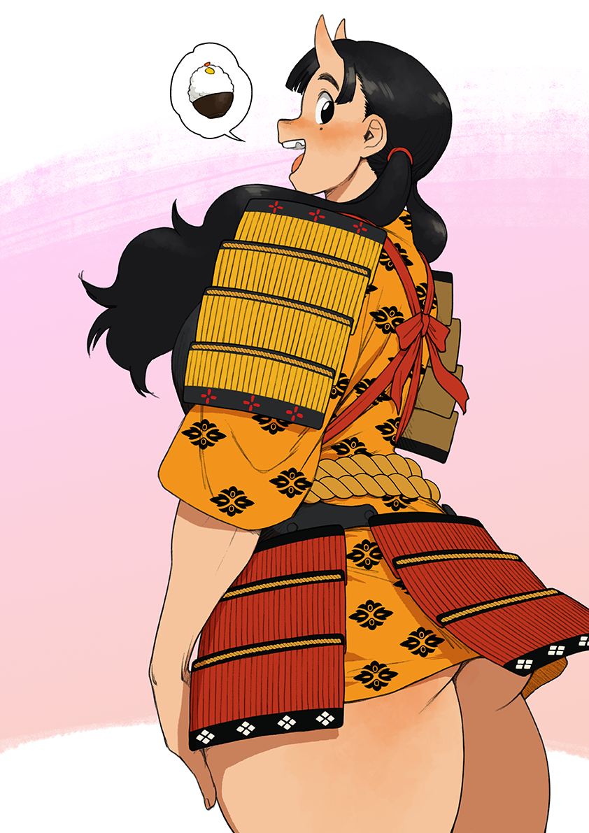 1girl ass black_hair bowl broken_tooth chipped_tooth cowboy_shot dungeon_meshi horns image_in_speech_bubble inutade long_hair looking_at_viewer mole mole_under_eye oni pokkuti profile rice_bowl simple_background skin-covered_horns smile solo speech_bubble teeth twintails upper_teeth_only