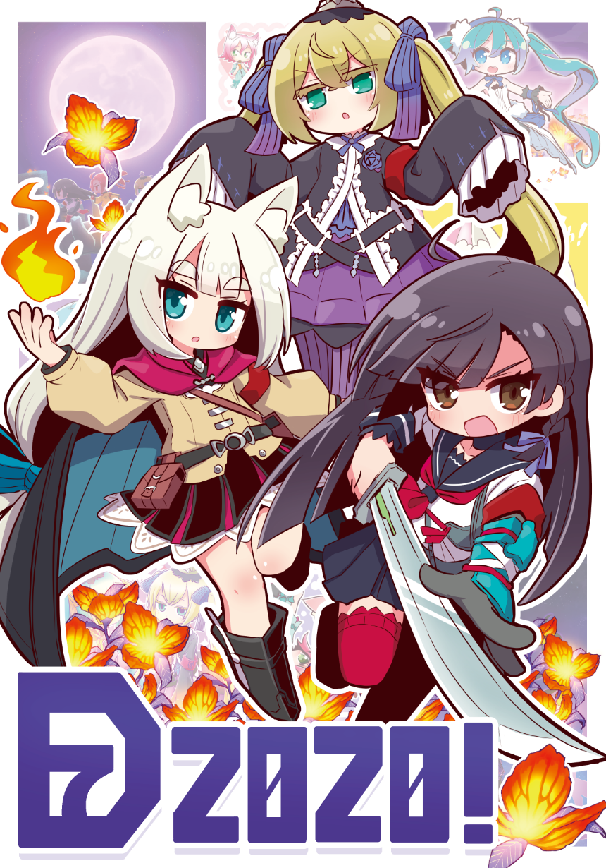 4girls 7th_dragon_(series) 7th_dragon_2020 :o black_cape black_footwear black_gloves black_hair black_sailor_collar black_skirt blonde_hair blue_eyes boots brown_eyes brown_jacket cape chelsea_(7th_dragon) chitrine_(7th_dragon) colored_eyelashes commentary_request cover cover_page destroyer_(7th_dragon_2020) fire floro_(7th_dragon) flower full_moon gloves green_eyes grey_hair hacker_(7th_dragon) hair_between_eyes hands_up hatsune_miku highres holding holding_sword holding_weapon jacket katanako long_hair long_sleeves lucier_(7th_dragon) moon multiple_girls naga_u nishimura_haru_(7th_dragon) open_mouth pantyhose parted_lips pleated_skirt purple_pantyhose purple_skirt red_thighhighs sailor_collar samurai_(7th_dragon) school_uniform serafuku shirt short_eyebrows single_glove skirt sleeves_past_fingers sleeves_past_wrists sword thick_eyebrows thighhighs twintails v-shaped_eyebrows very_long_hair vocaloid weapon white_shirt yellow_flower