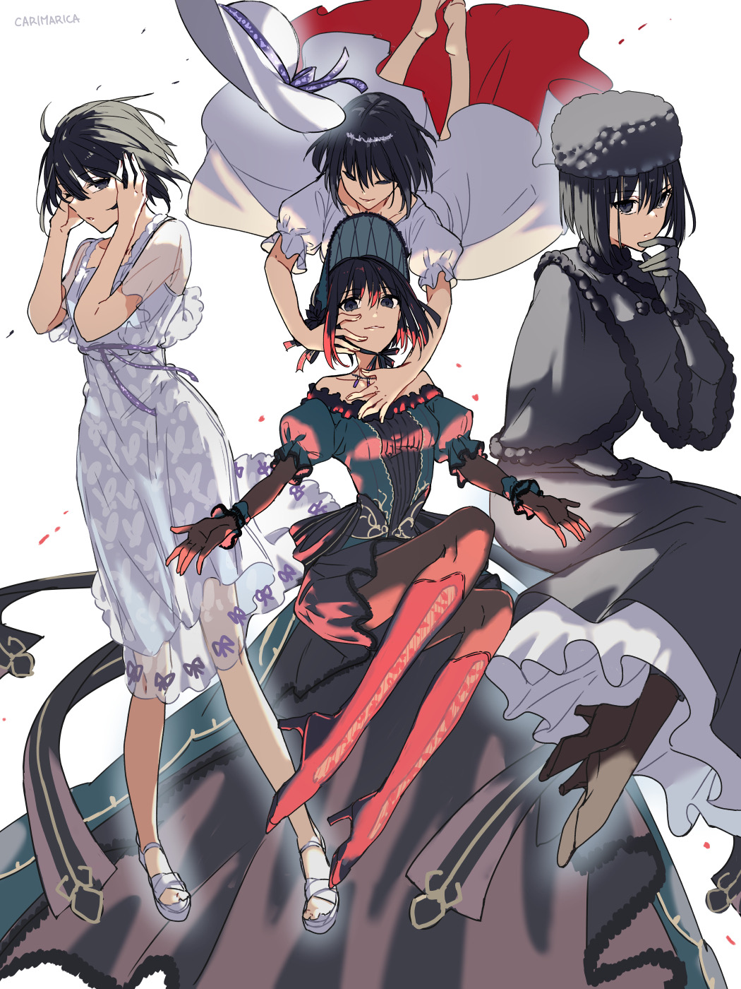 1girl bare_shoulders black_capelet black_dress black_eyes black_footwear black_gloves black_hair black_hat black_skirt bonnet boots breasts brown_gloves brown_pantyhose capelet carimarica choker collarbone dress elbow_gloves fate/grand_order fate_(series) frills fur-trimmed_capelet fur_collar fur_hat fur_trim gloves grey_dress grey_hat hat highres jewelry knee_boots kuonji_alice kuonji_alice_(third_ascension) long_skirt long_sleeves looking_at_viewer mahou_tsukai_no_yoru medium_breasts multiple_views off_shoulder pantyhose pendant puffy_short_sleeves puffy_sleeves short_hair short_sleeves silver_trim skirt sun_hat ushanka white_dress white_hat wrist_cuffs