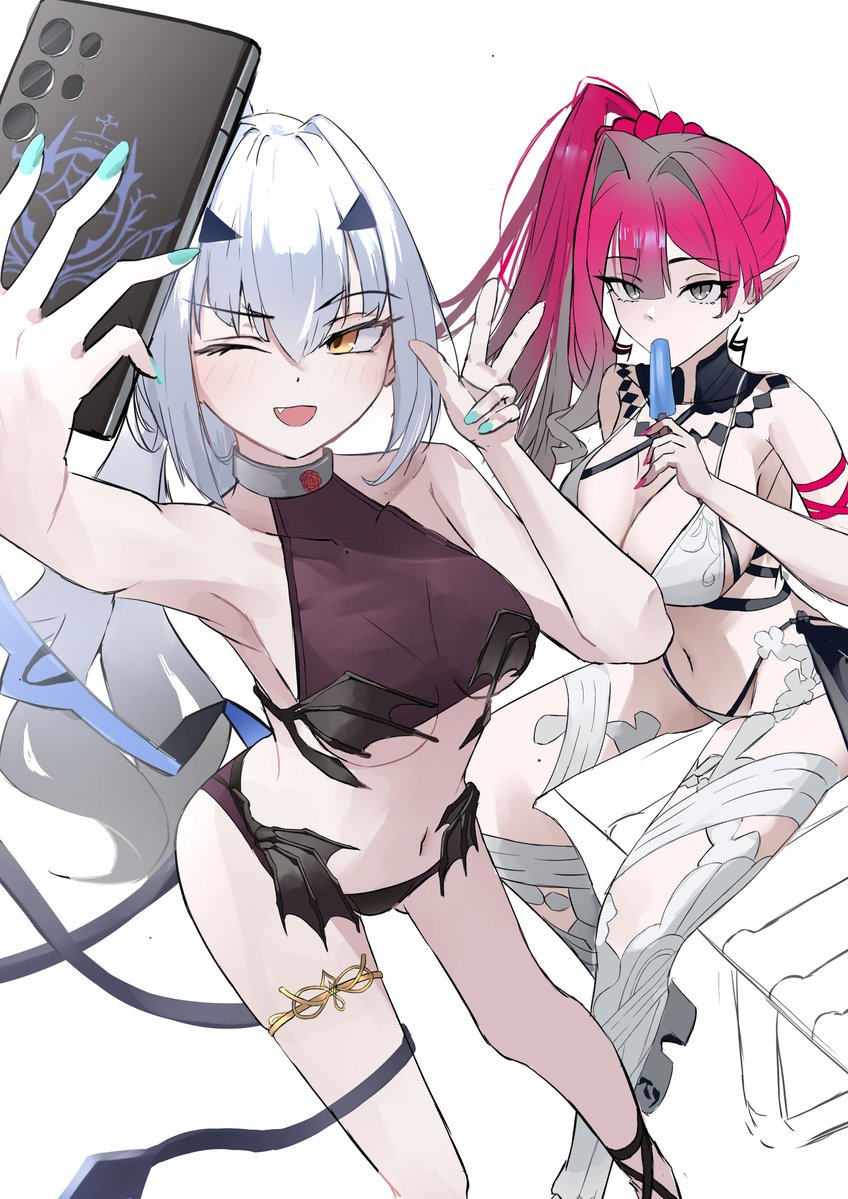 2girls baobhan_sith_(fate) baobhan_sith_(swimsuit_pretender)_(third_ascension)_(fate) bikini black_bikini breasts earrings fang fate/grand_order fate_(series) food food_in_mouth grey_eyes hand_up jewelry large_breasts long_hair low_wings medium_breasts melusine_(fate) melusine_(swimsuit_ruler)_(fate) melusine_(swimsuit_ruler)_(first_ascension)_(fate) multiple_girls navel one_eye_closed open_mouth pink_hair pointy_ears ponytail popsicle popsicle_in_mouth selfie side_ponytail smile swimsuit white_background white_bikini white_hair wings yellow_eyes yugusan5