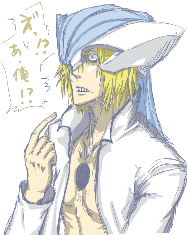 1boy arrancar bleach blonde_hair blue_eyes chito_memeko di_roy_rinker hole male_focus open_clothes open_shirt pale_color shirt short_hair solo white_background